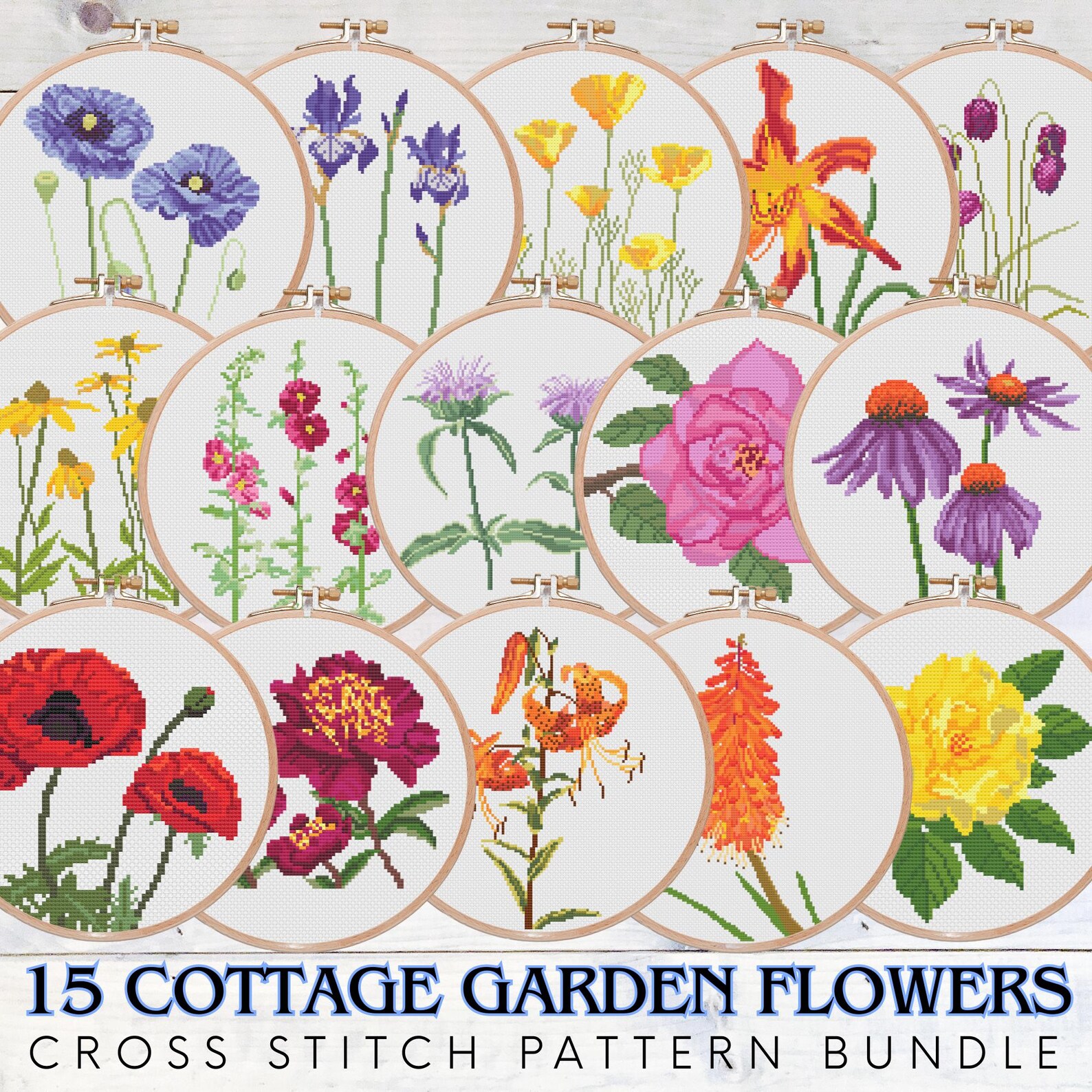 Cottage Garden Flowers Cross Stitch Pattern Bundle: 15 Floral Designs ...
