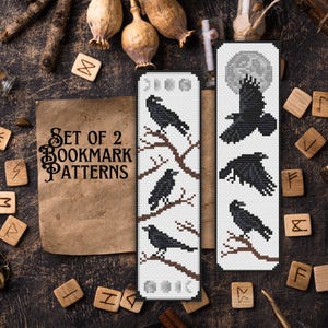 May include: Set of 2 black and white beaded bookmark patterns featuring ravens and a moon. The patterns are on a white background with brown branches.