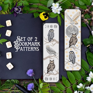 May include: Set of two owl bookmark cross stitch patterns. The patterns feature owls on branches with a moon and stars in the background. The patterns are printed on white paper with black text.