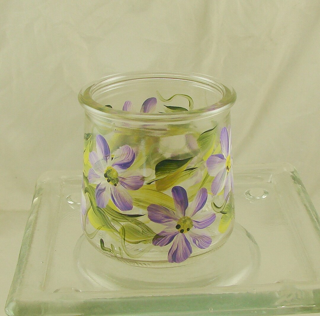 Hand Painted Purple Daisy Flower Glass Candle Holder, Hand Painted