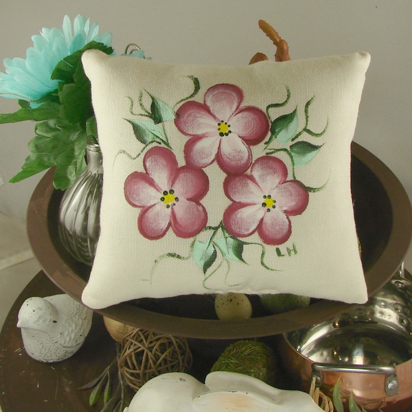 Mini Pillow Hand Painted Burgundy Flower Tiered Tray Decor, Farmhouse Mini Pillow, Hand Painted Mini Pillow, Tiered Tray Decor