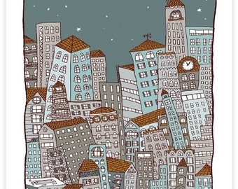 Könnte beinhalten: Eine skurrile Illustration einer Stadtlandschaft bei Nacht mit einem Halbmond und Sternen am Himmel. Die Gebäude sind im Cartoon-Stil mit braunen Dächern und blauen Fenstern gezeichnet.