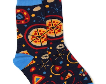 May include: A pair of blue and navy socks with a pizza pattern. The socks feature red, yellow, and white pizza slices on a dark blue background.