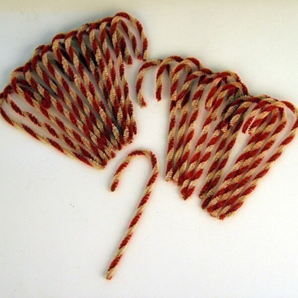 Primitive Chenille Candy Canes Christmas Ornaments - Set of 24 - Holiday Tree Ornaments