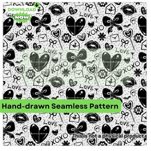 May include: A black and white seamless pattern featuring hearts, bows, lips, skulls, and the words "LOVE" and "XOXO".