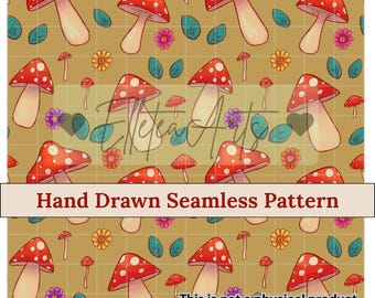 Mushrooms and Flowers Seamless Pattern Digital Download Sublimation Fabric Surface Design Fall Pattern Mushroom Fabric Autumn Seamless Brown