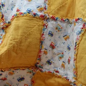 Train Theme Rag Quilt for Baby Boy – 45x37 Inch Yellow & Bright Colors  Soft Handmade Toddler Blanket  Newborn or Shower Gift