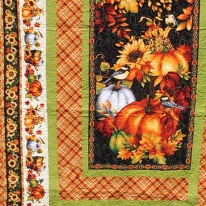 Fall Pumpkin Quilt 69x48 – Autumn Throw Blanket with Sunflowers, Birds & Gourds – Harvest Home Décor Quilt