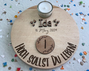 personalized birthday plate l candle holder l beech