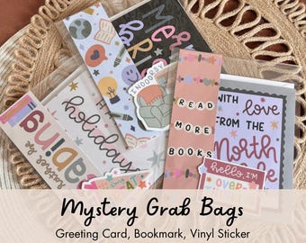 Stationery Grab Bag | Mystery Greeting Card, Bookmark, and Vinyl Sticker Included