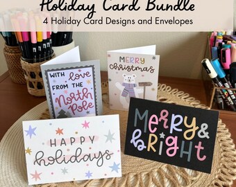 Holiday Card Bundle | Set of 4 Christmas Cards and Envelopes, Variety of Designs
