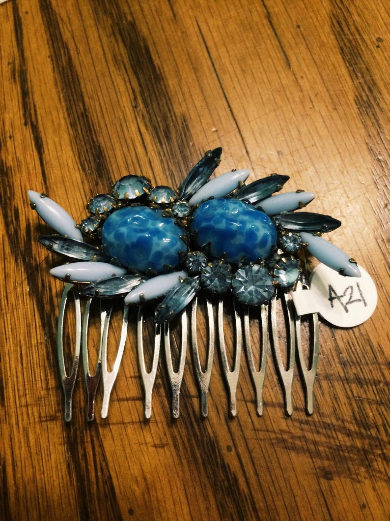 Blue stone and rhinestone repurpised hair comb