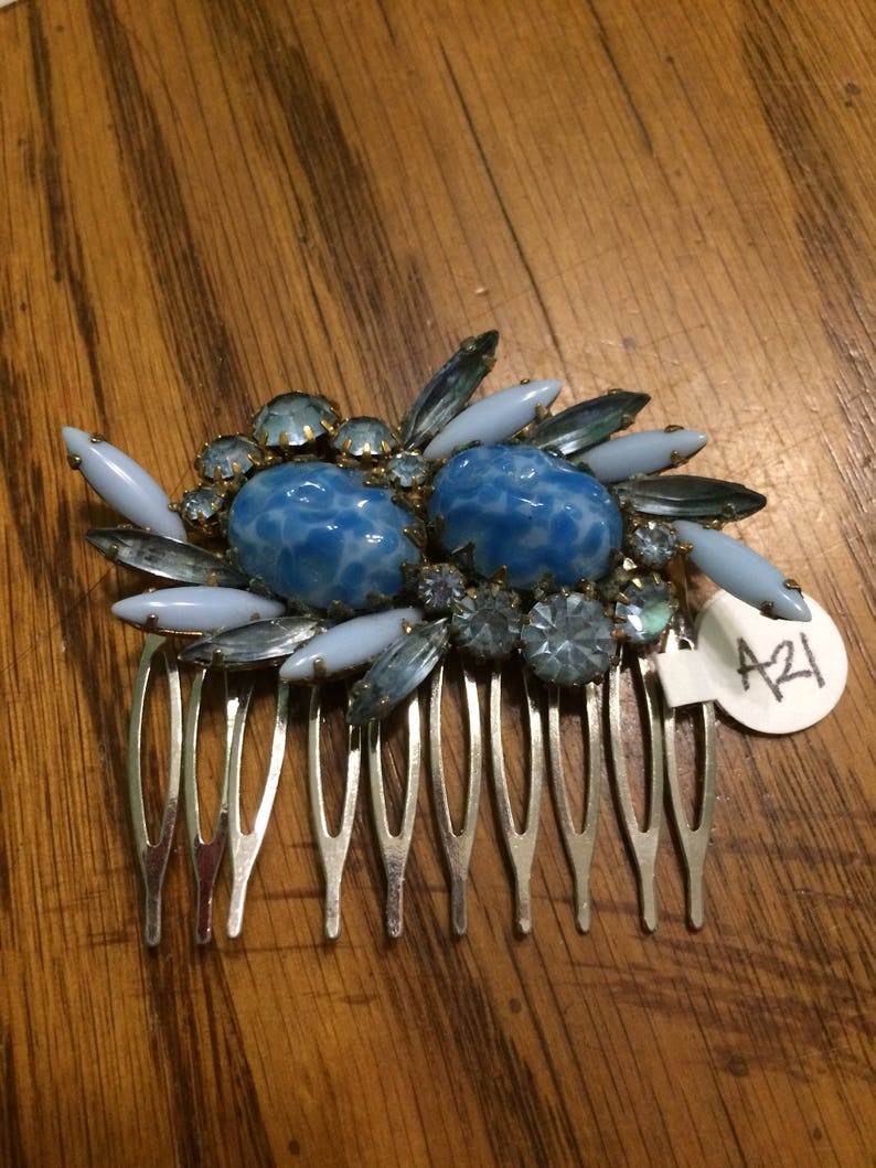 Blue stone and rhinestone repurpised hair comb
