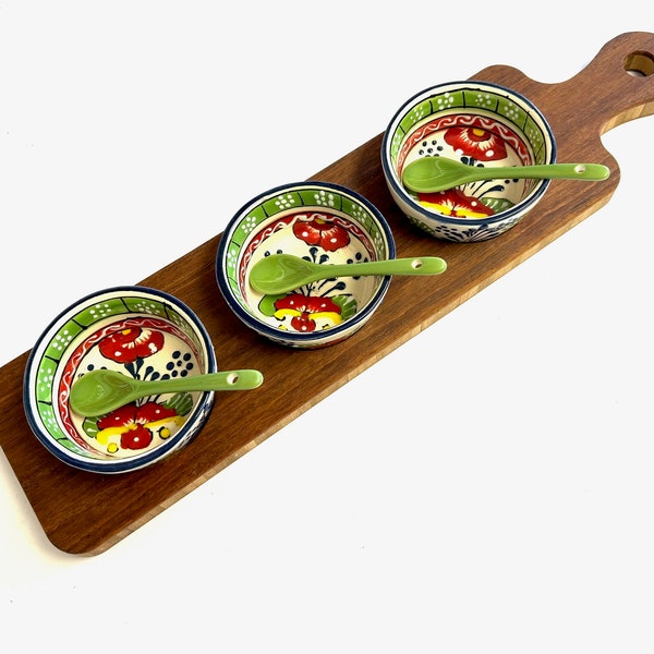 Condiment Dip Serving Tray With Handle, Bowls and Spoons- Charcuterie Tray, Flight Tray, Long Tray, Snack Tray