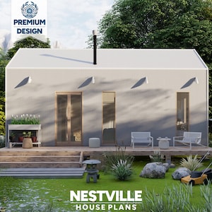 Moderne plattegronden van 13 x 27 huisjes | Tiny Home met 1 slaapkamer en vide | Architecturale pdf-blauwdrukken voor kleine doe-het-zelfhutten en compact wonen