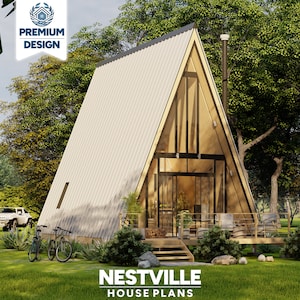 Moderne 19 x 29 huisjes met a-frame | Tiny Home met 1 slaapkamer en vide | Architecturale pdf-blauwdrukken voor huisjes en doe-het-zelfconstructies