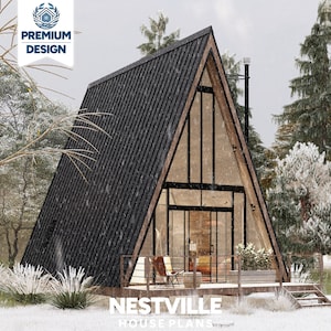 Moderne hutplannen met a-frame 19 x 29 en zolder | Tiny House-ontwerp met 1 slaapkamer, energiezuinig en prefab ADU-blauwdruk (pdf-download) | Huisje