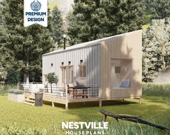 Modern 12x30 Cabin House Plans With Loft | 1 Bedroom Tiny Home Design, Energy-Efficient Prefab ADU & Vacation Cabin Blueprint (PDF Download)