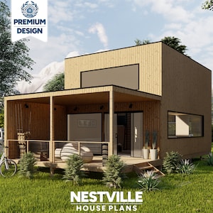 Moderne 19 x 27 huisjes met vide | Tiny Home-ontwerp met 1 slaapkamer | Energiezuinige prefab ADU & vakantiecabine blauwdruk pdf-download