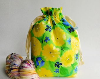 Large Drawstring Knitting Project Bag, Crochet Project Tote, Padded Drawstring Bag - Buttercup