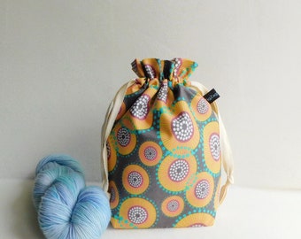 Drawstring Bag Knitting Project Padded Pouch, Sock Knitting Bag, Crochet Project Bag - Medallions
