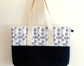 Zippered Tote Bag, Large Knitting Project Bag, Shopping Bag, Large Purse - Canvas and Denim