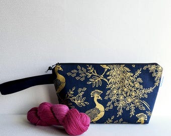 Rifle Paper Co. Knitting Project Bag: Metallic Gold Peacocks, Linen Cotton Canvas