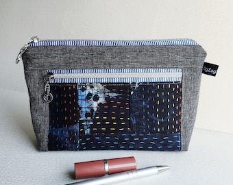 Double Zip Canvas Pouch, Cosmetics Pouch, Notions Bag - Blue Patchwork