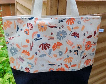 Large Tote Bag, Shopping Bag, Project Bag, Cotton and Linen Canvas and Denim Tote - Forage orange flowers