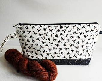 Wedge Bag, Shawl Project Size Knitting Bag, Little Black Halloween Cats