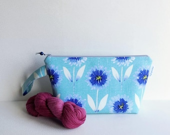 Blue Floral Knitting Project Bag: Zippered Wedge Bag