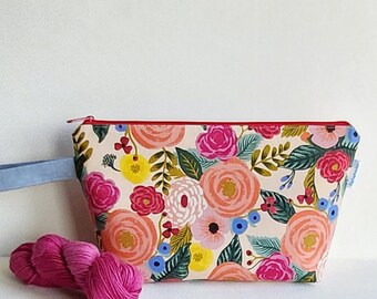 Floral Knitting Project Bag: Rifle Paper Co. Linen Canvas Shawl size Wedge Bag