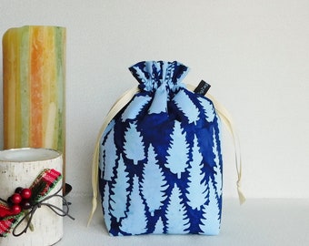 Drawstring Bag Knitting Project Padded Pouch, Sock Knitting Bag, Crochet Project Bag - Blue Batik with Trees