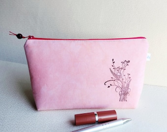 Wedge Pouch, Cosmetics Pouch, Notions Bag, Travel Bag - Hand Dyed and Stamped, pink