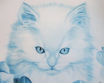 Original Artwork 14 x 14" Blue Watercolor Kitten Painting "Ice Princess"