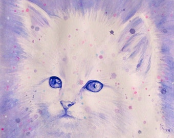 Little Snowflake 14 X 14" Original Artwork Kitten Cat Purple Watercolor Painting on Paper