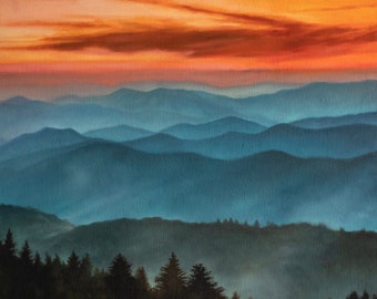 Orange Sky Blue Ridge Mountains Giclee Art Print 12 x 12"