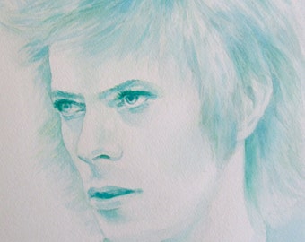 Original Artwork 16 x 12" Blue Green Watercolor Ziggy Stardust Painting "David Bowie"