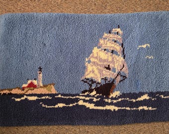 Vintage Completed Latch Hook Rug Wall Hanging Tall Ship with Lighthouse 44 1/2 x 27 1/2 inches
