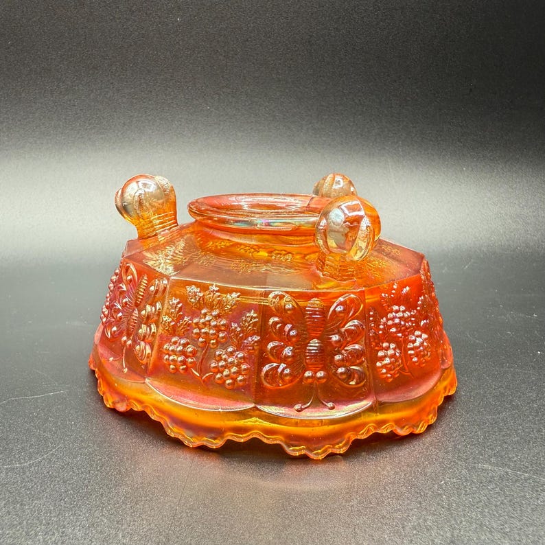Antique Dugan Butterfly and Berry Marigold Carnival Glass Small Berry Bowl | Iridescent Amber Dish | 4.75” Wide × 2.5” Tall