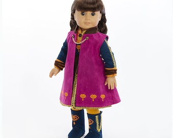 18 doll clothes Princess Anna inspired by Frozen 2, Incl. cape- dress- belt- leggings- boots- all embroidery fits American Girl dolls,