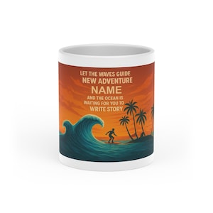 Taza de aventura con forma de corazón, regalo para surfistas, taza de café para amantes del océano, decoración de playa, artículos para beber personalizados