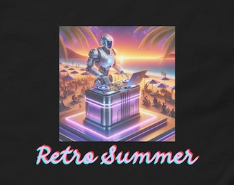 Retro Summer Robot DJ T-Shirt - Synthwave Beach Party Tee - Neon Sunset Graphic Shirt