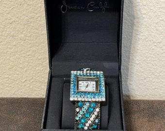 Jessica Carlyle Bangle Bracelet Watch Women Silver Blue Rhinestones Clasp