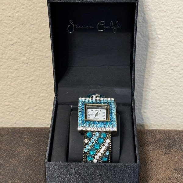 Jessica Carlyle Bangle Bracelet Watch Women Silver Blue Rhinestones Clasp