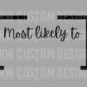 Op de afbeelding: Een grijze achtergrond met de woorden "Most likely to" in een zwart, cursief lettertype. De tekst wordt omlijst door een zwart haakjesontwerp. De woorden "KRW CUSTOM DESIGN" zijn vaag zichtbaar op de achtergrond.