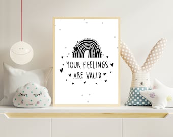 Sus sentimientos son válidos, citas inspiradoras para niños, arte de pared, impresiones de guardería, decoración de habitaciones para niños, citas motivacionales, citas de arte de pared