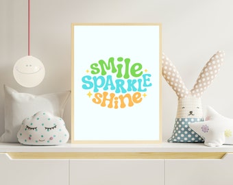 Smile Sparkle Shine, Citas inspiradoras para niños, Arte de pared, Impresiones de guardería, Decoración de habitaciones para niños, Citas motivacionales, Citas de arte de pared