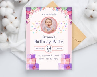 Plantilla de invitación de cumpleaños para niños, invitación editable, invitación a fiesta de cumpleaños, fiesta para niños, invitación de invitado a fiesta de cumpleaños, plantilla de invitación