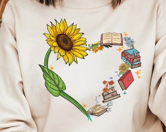 Heart Book T-Shirt: Sunflower Librarian Tee, Love Reading Gift